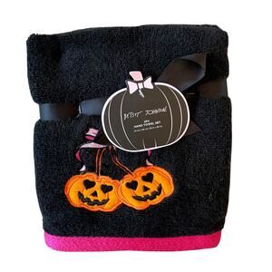 2pc Betsey Johnson Halloween Hand Towel 16x26 Cotton Embroidered Pumpkin Bow NEW